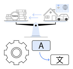 Scales balancing tokens with properties and cars, cogwheel illustration, and language translation symbols. Ideal for finance, blockchain, property trade, tech, automation, globalization abstract