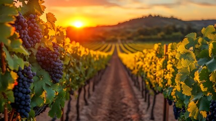 Naklejka premium A row of grape vines with leaves and grapes