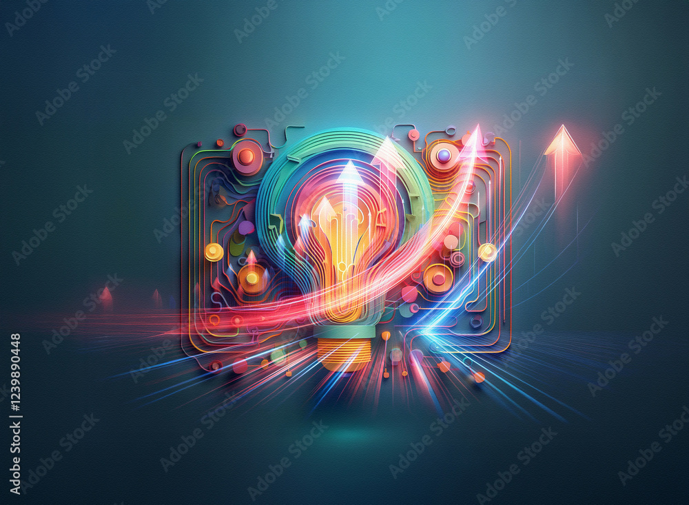 Poster a vibrant double exposure image depicts a lightbulb within circuit board design, showcasing upward t