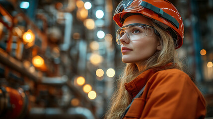 Confident Female Engineer in Industrial Setting Safety Gear Woman Plant Power Helmet Worker Energy  