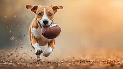 Playful Puppy:  A joyful beagle puppy races toward the camera with a football clutched in its mouth, showcasing a burst of energy and unbridled joy against a warm, autumnal backdrop.