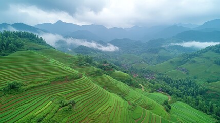 Fototapeta premium Aerial view of lush green rice terraces on hillside mountains, misty valley.