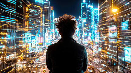 silhouette of person against vibrant neon lit cityscape at night