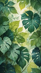 Fototapeta premium a botanical artwork featuring various shades of green leaves with intricate vein patterns and a soft, gradient background