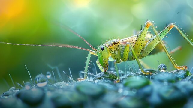 A close-up shot of a green grasshopper perched on a blade of grass