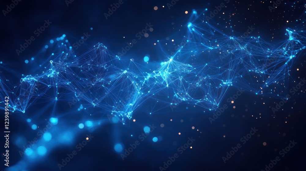 Poster futuristic digital network visualization with blue lines and glowing nodes in abstract geometric sty