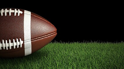 Obraz premium American Football Ball on Green Grass Field, Highlighting the Texture and Detail of the Ball with Natural Outdoor Lighting 