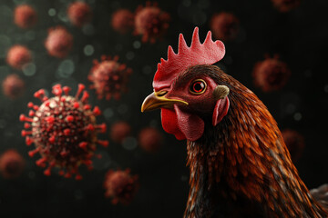 Fototapeta premium A chicken is standing in front of a red virus paritcle.