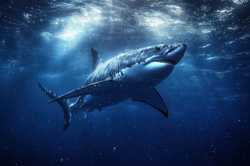 Predatory Great White Shark in Deep Blue Ocean Underwater Photography