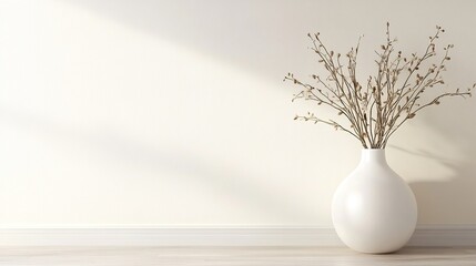 Minimalist interior, beige wall, dried flowers, white vase, sunlight, home decor, website design