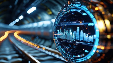 A futuristic tunnel scene with a holographic cityscape display.