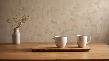 Serene morning scene Two steaming mugs of hot beverage on a wooden tray, minimalist aesthetic, simple decor, calming atmosphere, tranquil setting