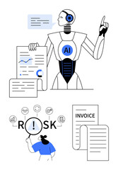 Robot reviewing charts, invoices, and reports, with icons representing risk, AI, and finance. Ideal for AI, automation, data analysis finance risk management productivity abstract line flat
