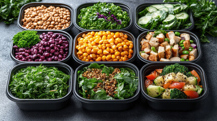 Fresh meal prep containers filled with colorful, healthy ingredients