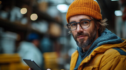 Confident Man Using Smartphone Stylish Beard Glasses Casual Winter Fashion Outdoor Portrait Male    