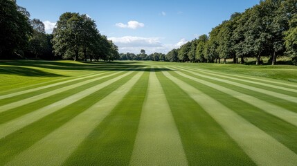 A well-maintained golf course with striped green fairways under a clear blue sky.