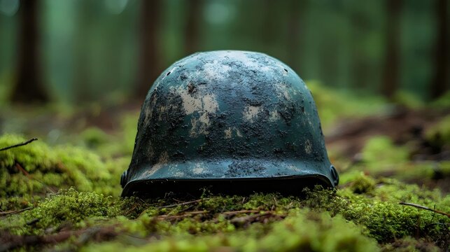 A dirty helmet is sitting on a patch of moss