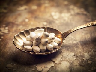 Vintage Photo: White Pills on a Teaspoon, Retro Medicine Still Life