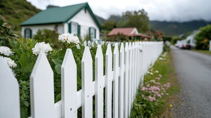A picturesque scene featuring a white picket fence, flowers, and charming houses.