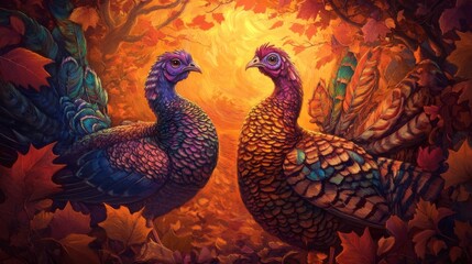 33.A Thanksgiving-themed composition showcasing two turkeys with vibrant, patterned plumage in warm tones, set against a swirling backdrop of autumn leaves and a glowing sunset-inspired palette.
