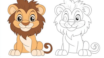 Fototapeta premium 94.A cute cartoon lion sitting upright with a friendly smile, its tail curled to the side, designed as a trace-and-color activity with bold outlines and dotted guidelines for young learners.