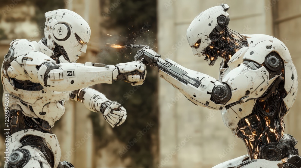 Poster futuristic androids engaged in combat with intense firepower and action scene