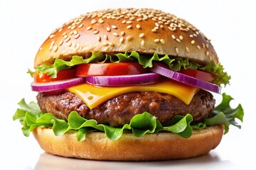 Vintage Style Isolated Hamburger Photo - Juicy Patty, Sesame Bun, Retro Food Photography