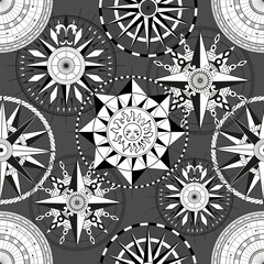 Seamless vector pattern with decorated compasses, sea marine objects and symbols, antique navigational devices. Vintage transportation and old adventures concept 