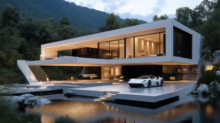 Obraz premium Modern luxury house with car by lake.