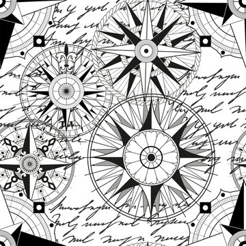 Seamless vector pattern with decorated compasses, marine objects, antique navigational devices. Vintage transportation and old adventures concept. No foreign language, all symbols are fictional