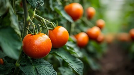A bunch of ripe red tomatoes hanging from a plant