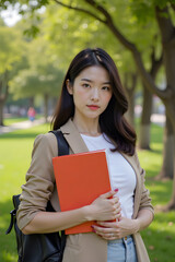 Fototapeta premium Asian young woman holding red notebook in park during daytime