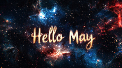 Hello May text isolated on set against a breathtaking cosmic nebula background .