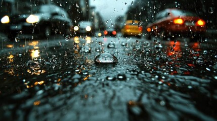 Rainy city street, cars blurred, raindrops closeup, urban background, wallpaper