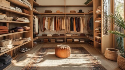 Sunlit Minimalist Walk-in Closet Design with Neutral Tones and Natural Materials