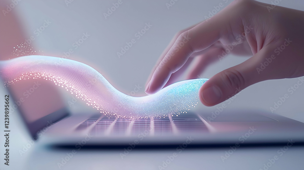 Poster a hand interacts with a laptop, creating a wave of colorful digital particles, symbolizing technolog