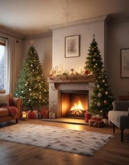 Cozy living room with a fireplace, Christmas tree, and snowflakes falling outside, pinecones, snowflakes