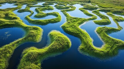 29.A mesmerizing aerial scene of elephants walking in single file through a maze of winding waterways in the Okavango Delta, with shimmering reflections of the sky in the water and patches of tall