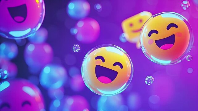 Joyful Emojis in Bubbles: A vibrant 3D rendering of happy emojis floating in colorful bubbles, symbolizing positivity, happiness and digital communication.