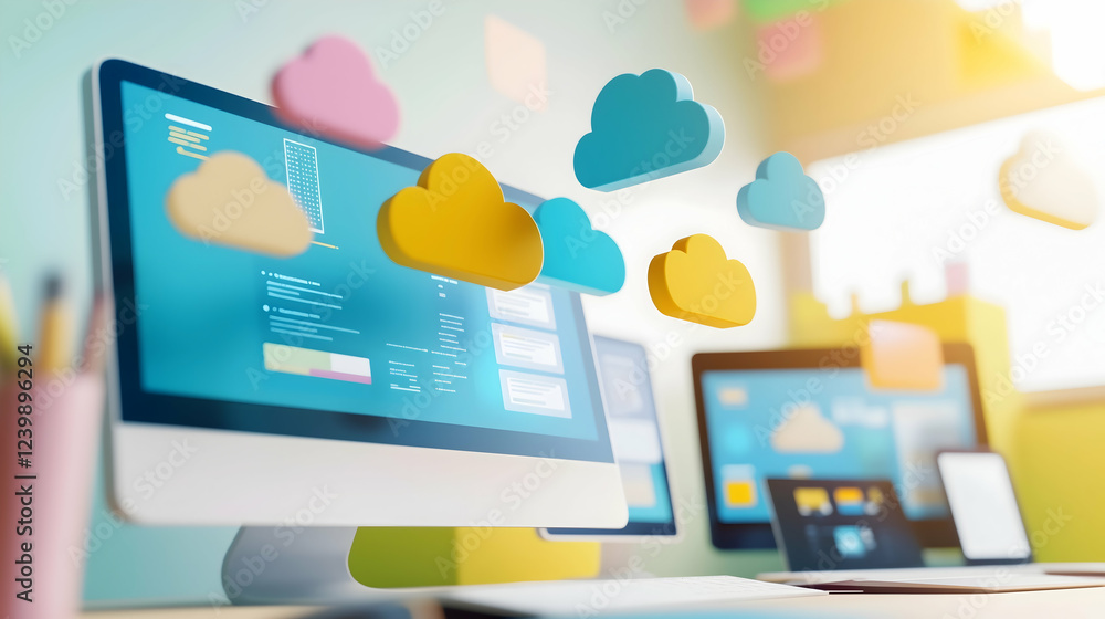 Poster a vibrant workspace featuring computers with cloud icons, representing digital communication and mod