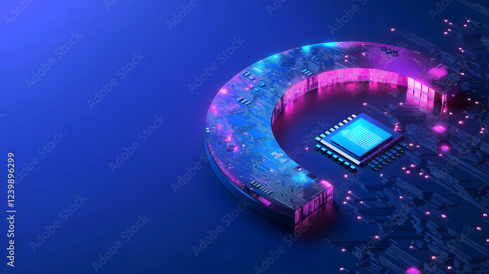 Aufkleber a vibrant, digital illustration featuring a stylized circuit design with a central microchip, surrou
