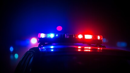 Police Car Chasing Another Vehicle at Night with Foggy Background, 911 Emergency Response Police Car Speeding to Crime Scene, Selective Focus on Action
