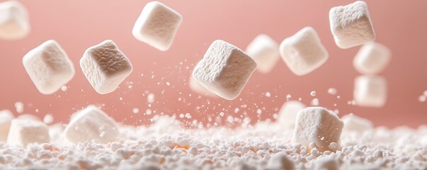Floating marshmallows in soft pink background food photography studio