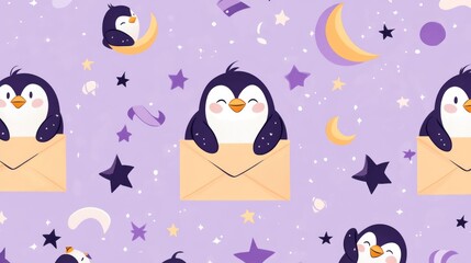 88.A playful illustration of cheerful penguins sitting inside mail envelopes, surrounded by floating stars, crescent moons, and swirling ribbons, forming a seamless design against a soft lavender