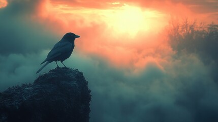 Fototapeta premium Crow perched on cliff at sunset above misty valley