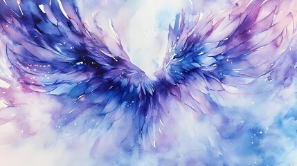 Watercolor Painting of Angelic Wings in Purple and Blue Hues
