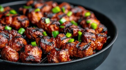 Grilled marinated pork skewers, close-up shot