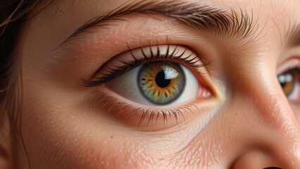 Fototapeta premium a close-up photograph of an eye with a hand partially covering the forehead, emphasizing the eye's details and the smoothness of the skin