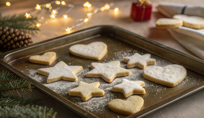 Holiday sugar cookies on baking tray with festive decor