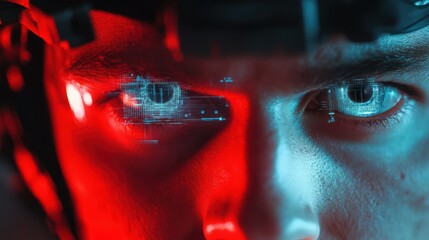 Close up of augmented reality interface projection on human eye in the future